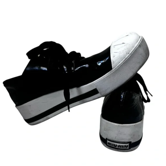 Miu Miu Patent Leather Vernis Rubber Cap Toe Platform Sneakers Flats Shoe Lace 8 - Picture 2 of 16